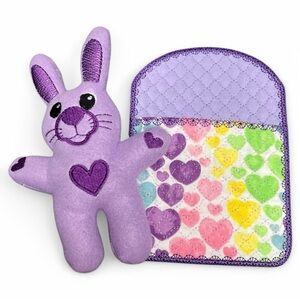 Hand Crafted Bunny Plush Toy with Quilted Blanket Sleeping Bag Purple Hearts
